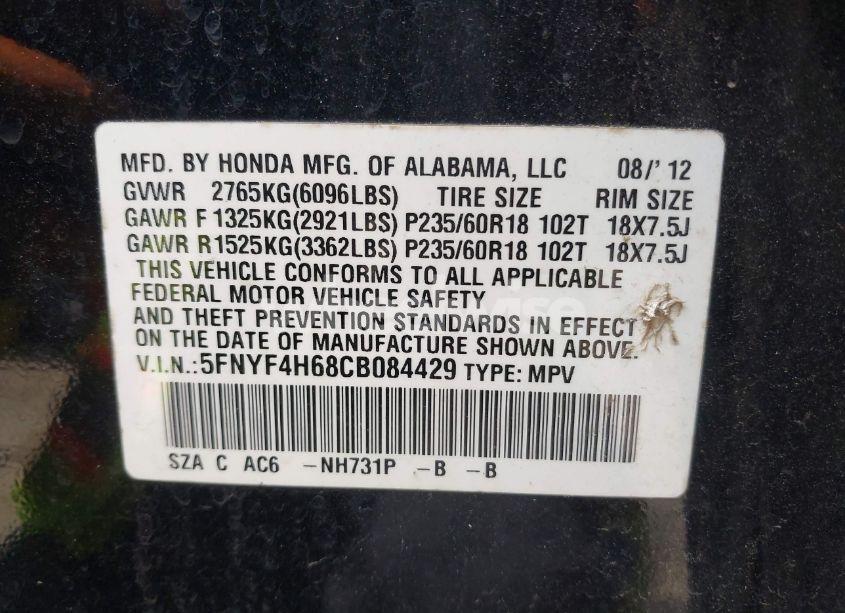 Photo 9 of 2012 Honda Pilot EX-L (VIN 5FNYF4H68CB084429)