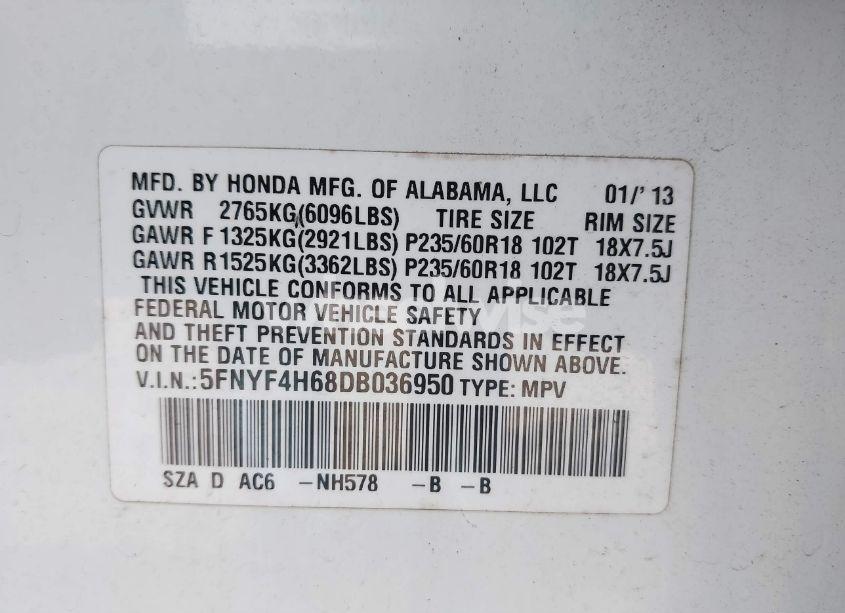 Photo 9 of 2013 Honda Pilot EX-L (VIN 5FNYF4H68DB036950)