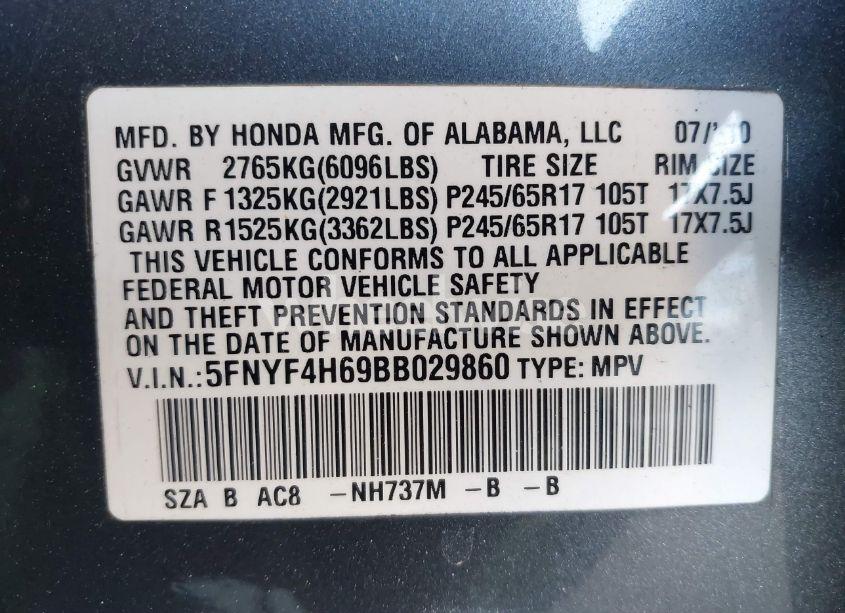 Photo 9 of 2011 Honda Pilot EX-L (VIN 5FNYF4H69BB029860)