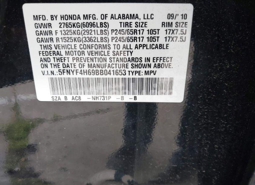 Photo 9 of 2011 Honda Pilot EX-L (VIN 5FNYF4H69BB041653)