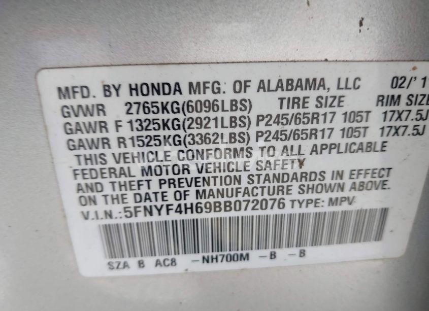 Photo 9 of 2011 Honda Pilot EX-L (VIN 5FNYF4H69BB072076)