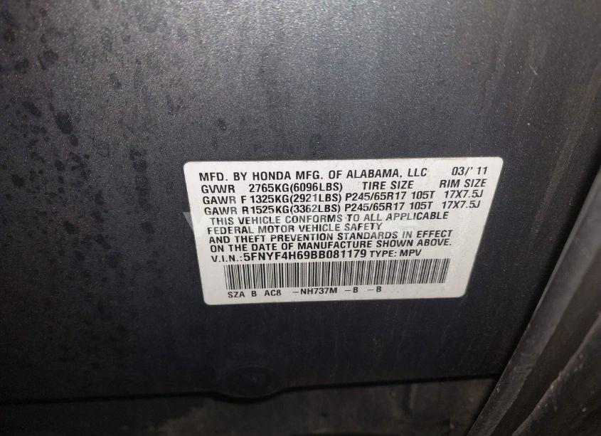 Photo 9 of 2011 Honda Pilot EX-L (VIN 5FNYF4H69BB081179)