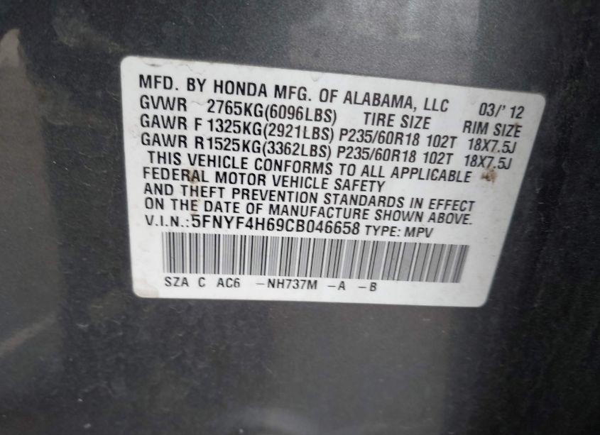 Photo 9 of 2012 Honda Pilot EX-L (VIN 5FNYF4H69CB046658)