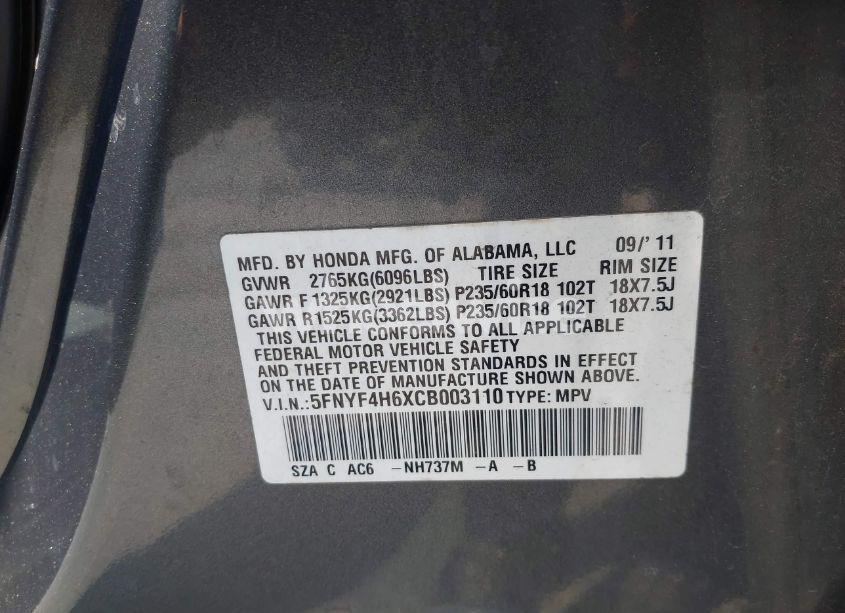 Photo 9 of 2012 Honda Pilot EX-L (VIN 5FNYF4H6XCB003110)