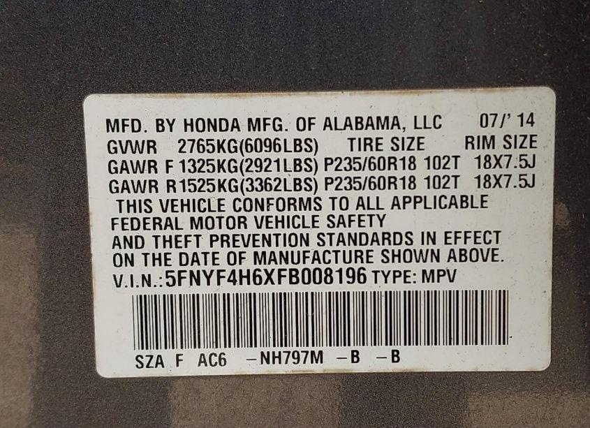 Photo 9 of 2015 Honda Pilot EX-L (VIN 5FNYF4H6XFB008196)