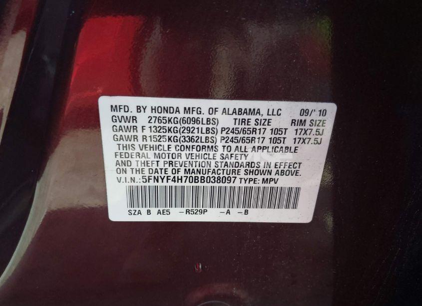 Photo 9 of 2011 Honda Pilot EX-L (VIN 5FNYF4H70BB038097)