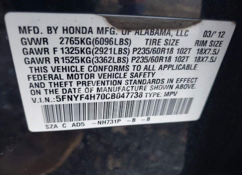 Photo 9 of 2012 Honda Pilot EX-L (VIN 5FNYF4H70CB047738)