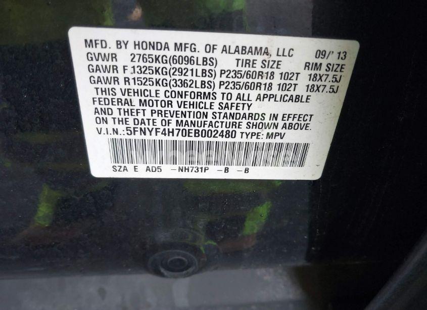 Photo 9 of 2014 Honda Pilot EX-L (VIN 5FNYF4H70EB002480)