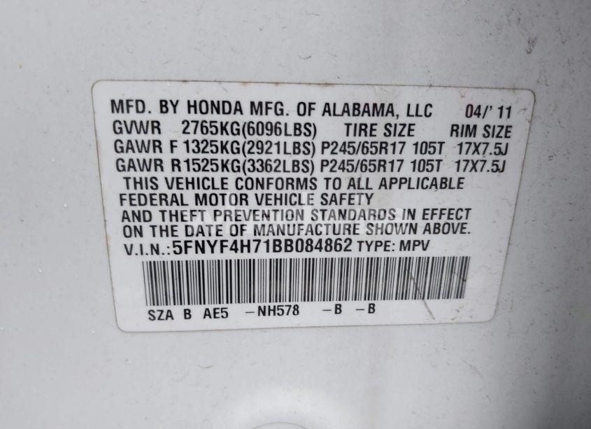 Photo 9 of 2011 Honda Pilot EX-L (VIN 5FNYF4H71BB084862)