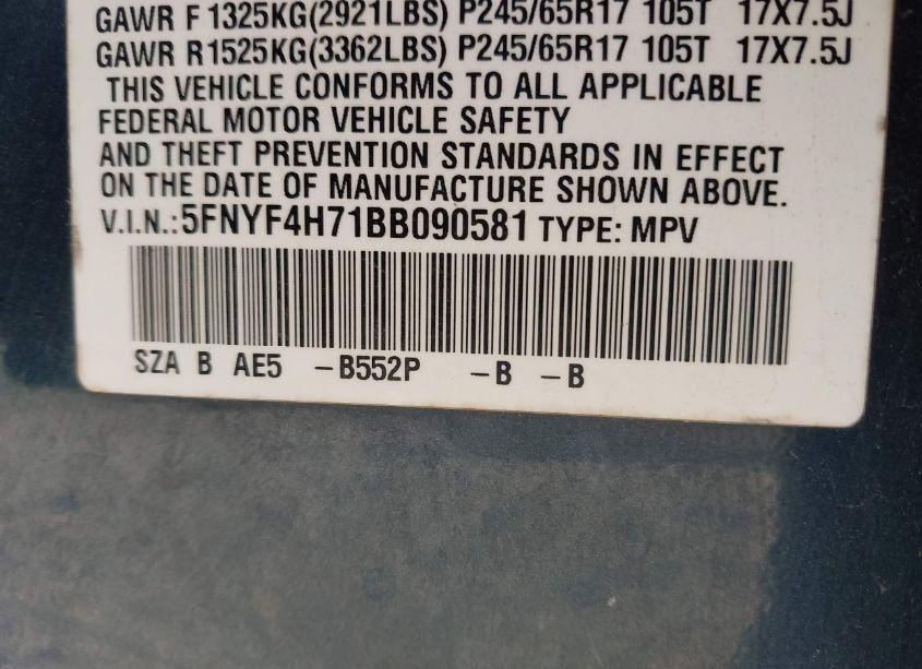 Photo 9 of 2011 Honda Pilot EX-L (VIN 5FNYF4H71BB090581)