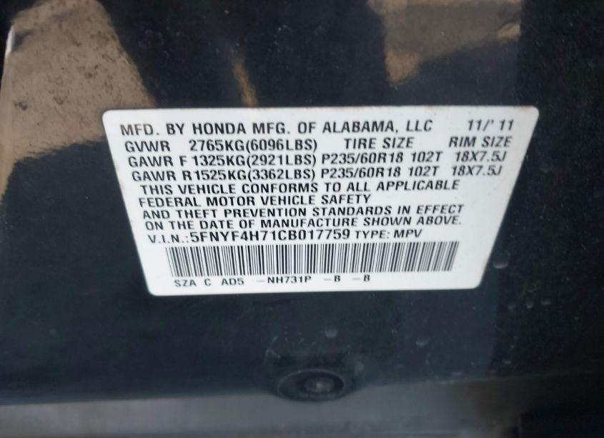 Photo 9 of 2012 Honda Pilot EX-L (VIN 5FNYF4H71CB017759)