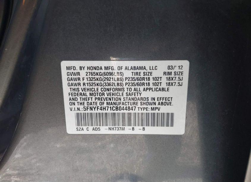 Photo 9 of 2012 Honda Pilot EX-L (VIN 5FNYF4H71CB044847)