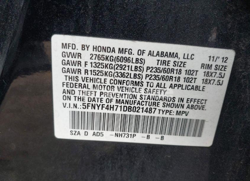 Photo 9 of 2013 Honda Pilot EX-L (VIN 5FNYF4H71DB021487)