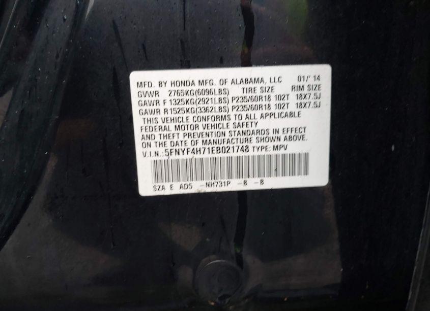 Photo 9 of 2014 Honda Pilot EX-L (VIN 5FNYF4H71EB021748)