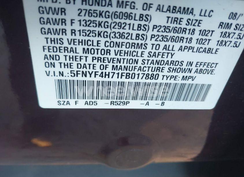 Photo 9 of 2015 Honda Pilot EX-L (VIN 5FNYF4H71FB017880)