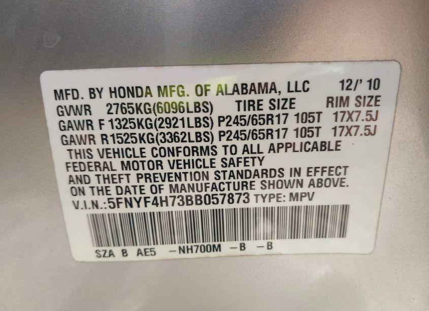 Photo 9 of 2011 Honda Pilot EX-L (VIN 5FNYF4H73BB057873)