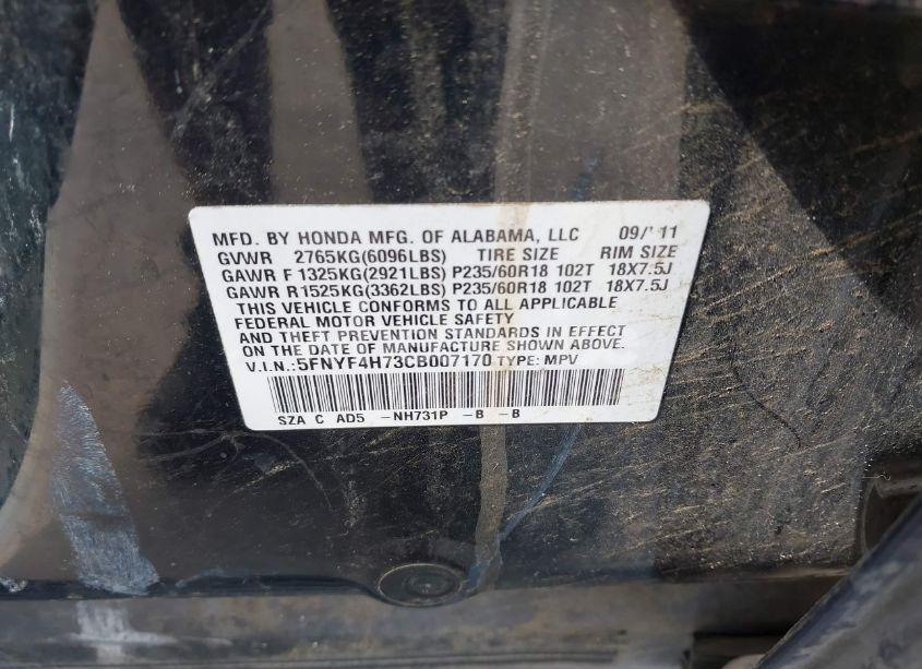 Photo 9 of 2012 Honda Pilot EX-L (VIN 5FNYF4H73CB007170)