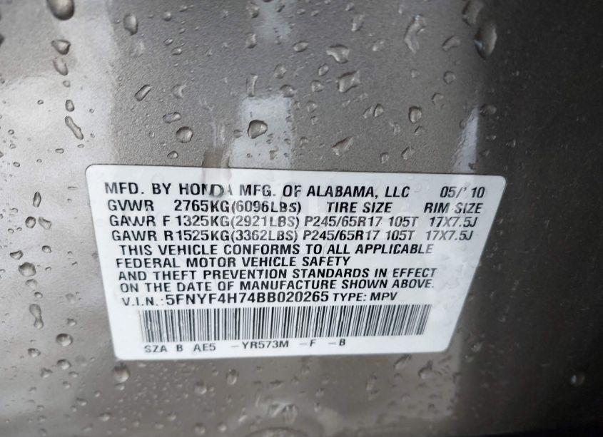 Photo 9 of 2011 Honda Pilot EX-L (VIN 5FNYF4H74BB020265)