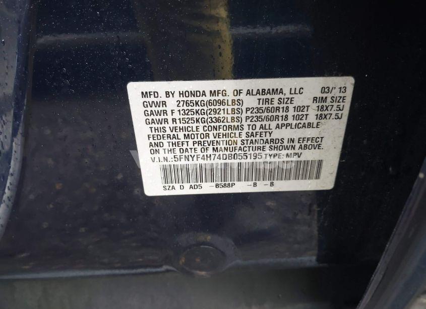 Photo 9 of 2013 Honda Pilot EX-L (VIN 5FNYF4H74DB055195)