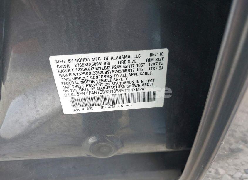 Photo 9 of 2011 Honda Pilot EX-L (VIN 5FNYF4H75BB018539)