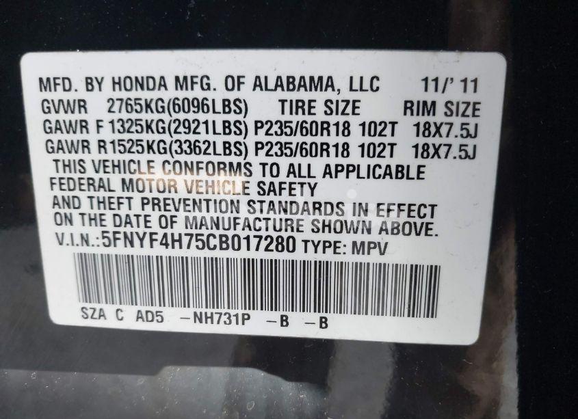 Photo 9 of 2012 Honda Pilot EX-L (VIN 5FNYF4H75CB017280)