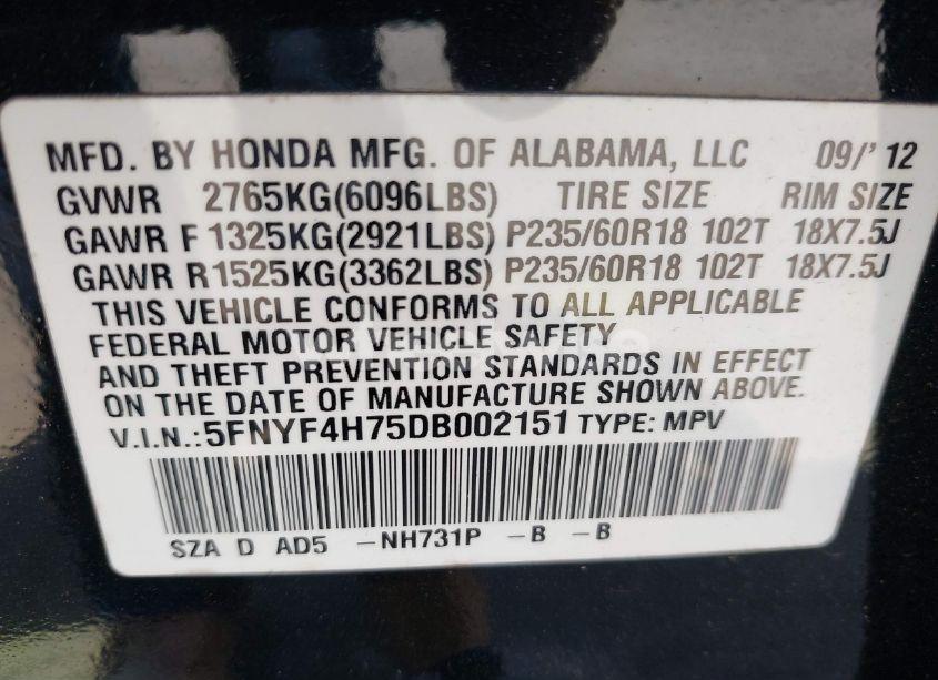 Photo 9 of 2013 Honda Pilot EX-L (VIN 5FNYF4H75DB002151)
