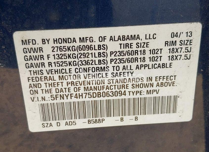 Photo 9 of 2013 Honda Pilot EX-L (VIN 5FNYF4H75DB063094)