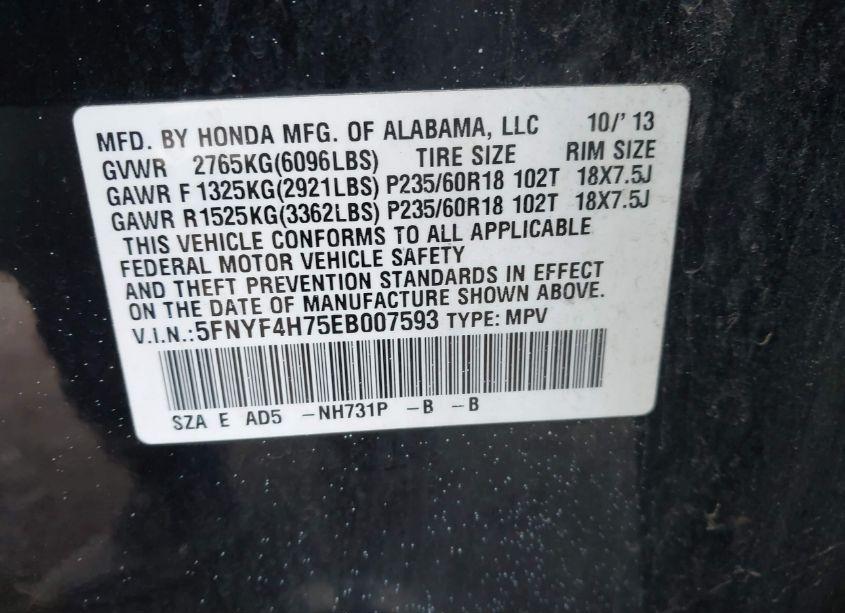 Photo 9 of 2014 Honda Pilot EX-L (VIN 5FNYF4H75EB007593)