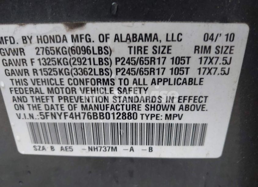 Photo 9 of 2011 Honda Pilot EX-L (VIN 5FNYF4H76BB012880)