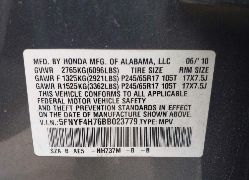 Photo 9 of 2011 Honda Pilot EX-L (VIN 5FNYF4H76BB023779)