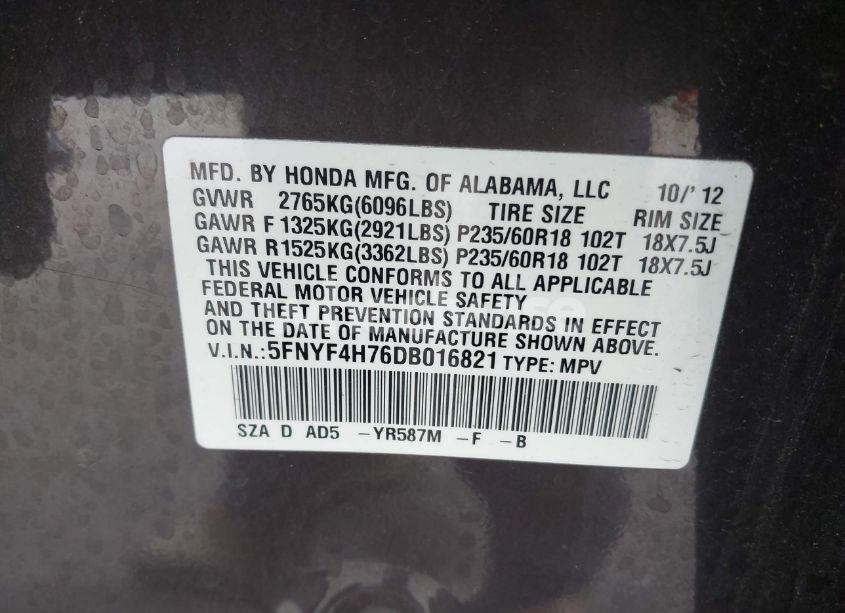 Photo 9 of 2013 Honda Pilot EX-L (VIN 5FNYF4H76DB016821)