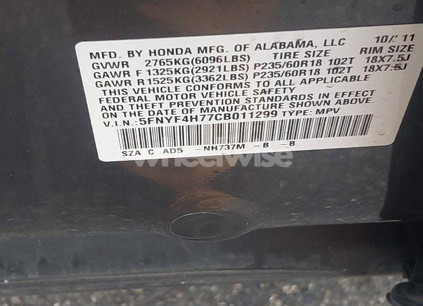 Photo 9 of 2012 Honda Pilot EX-L (VIN 5FNYF4H77CB011299)