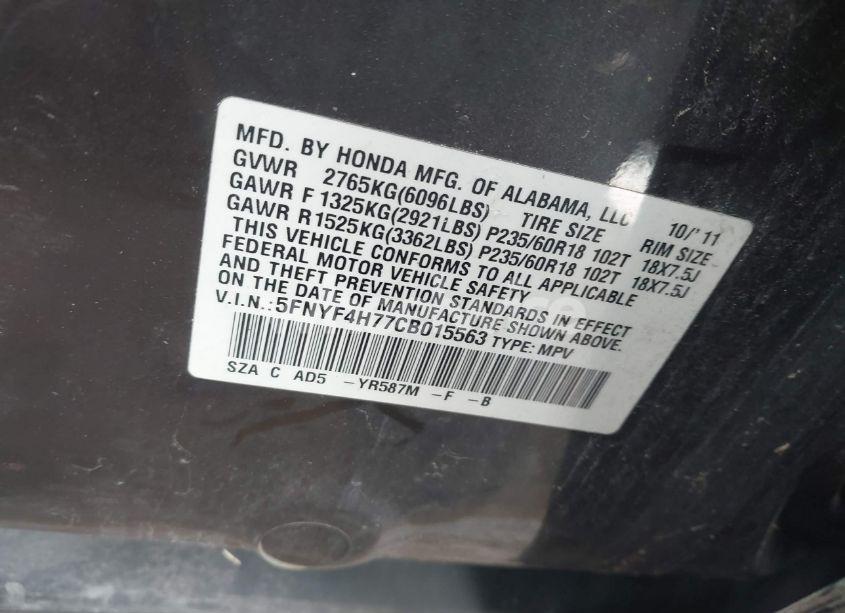 Photo 9 of 2012 Honda Pilot EX-L (VIN 5FNYF4H77CB015563)