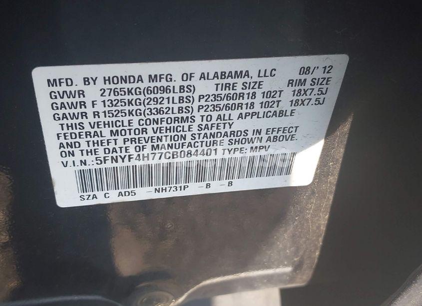 Photo 9 of 2012 Honda Pilot EX-L (VIN 5FNYF4H77CB084401)