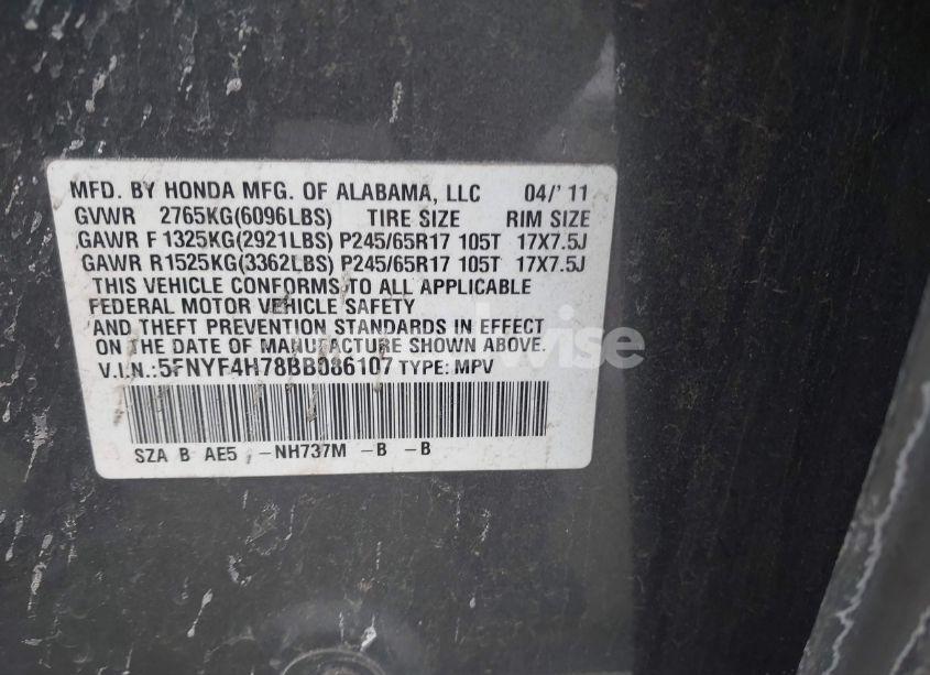 Photo 9 of 2011 Honda Pilot EX-L (VIN 5FNYF4H78BB086107)