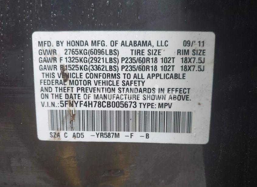 Photo 9 of 2012 Honda Pilot EX-L (VIN 5FNYF4H78CB005673)