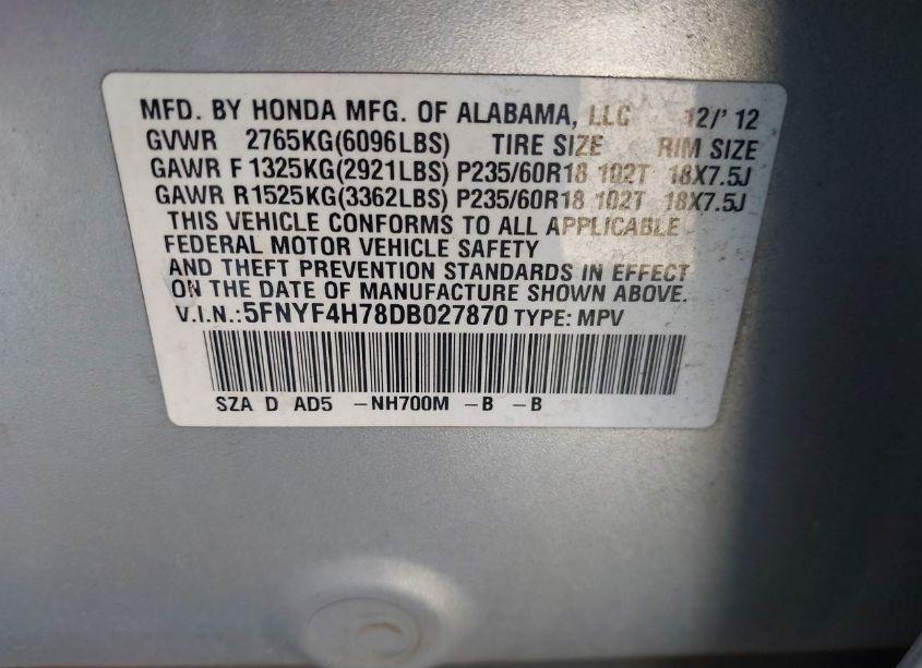 Photo 9 of 2013 Honda Pilot EX-L (VIN 5FNYF4H78DB027870)