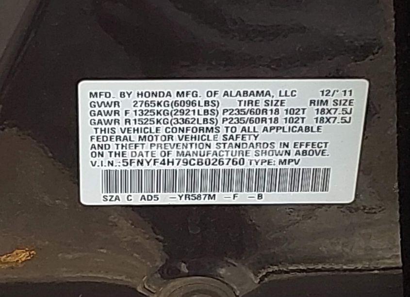 Photo 9 of 2012 Honda Pilot EX-L (VIN 5FNYF4H79CB026760)