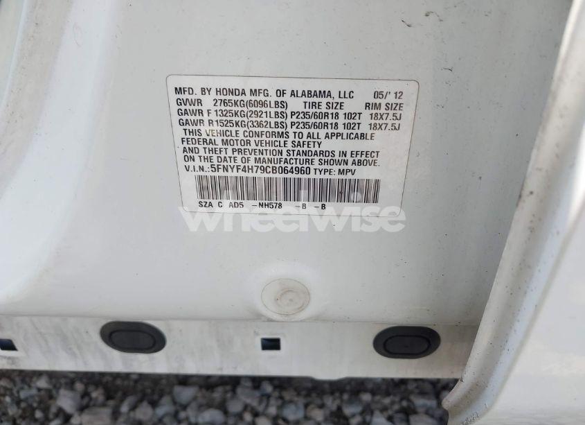 Photo 9 of 2012 Honda Pilot EX-L (VIN 5FNYF4H79CB064960)