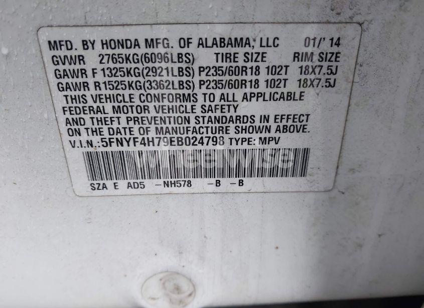 Photo 9 of 2014 Honda Pilot EX-L (VIN 5FNYF4H79EB024798)