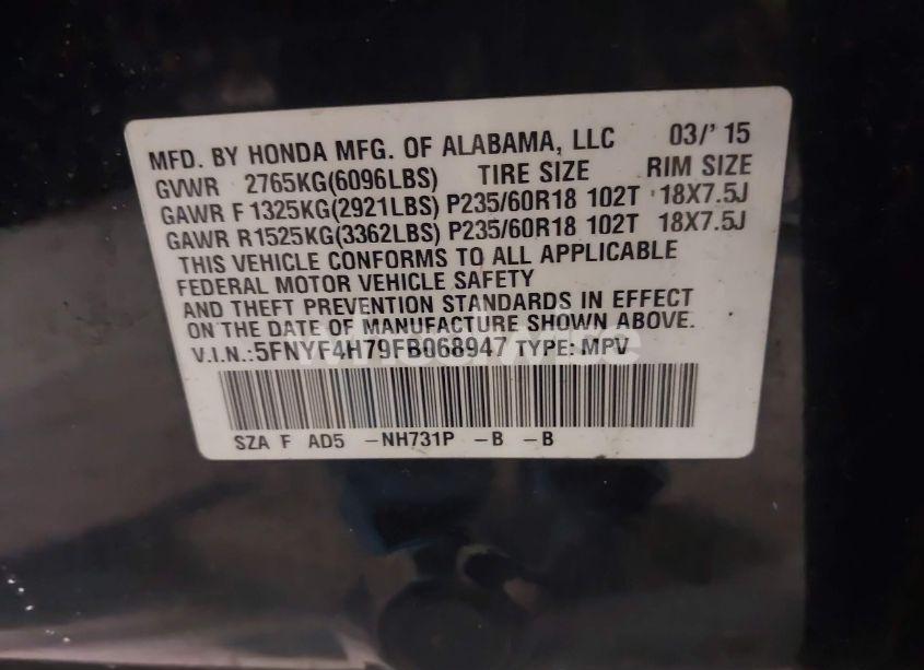 Photo 9 of 2015 Honda Pilot EX-L (VIN 5FNYF4H79FB068947)