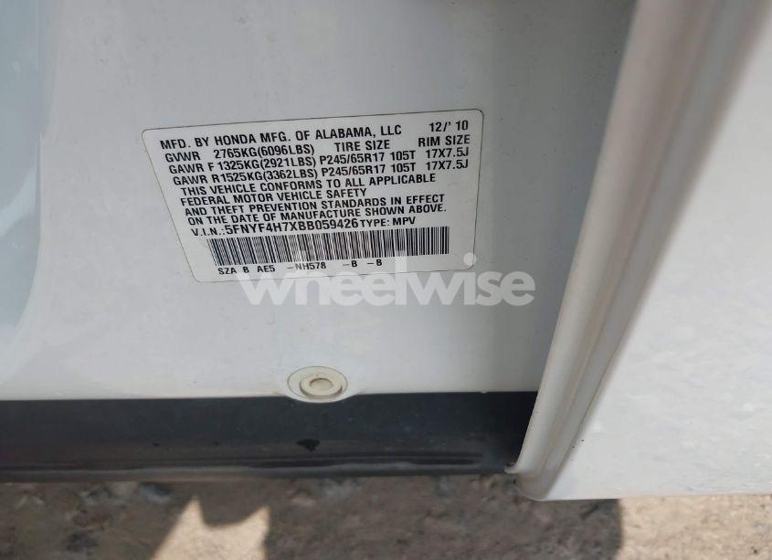 Photo 9 of 2011 Honda Pilot EX-L (VIN 5FNYF4H7XBB059426)