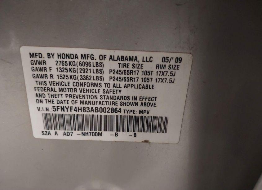 Photo 9 of 2010 Honda Pilot TOURING (VIN 5FNYF4H83AB002864)