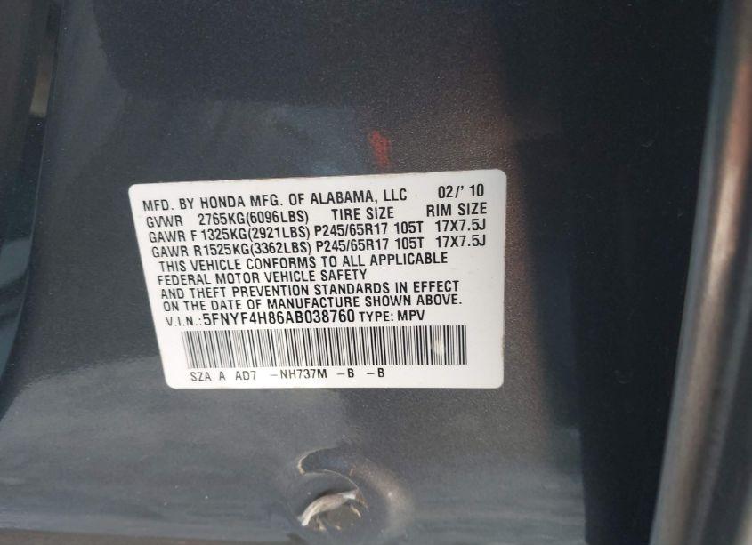 Photo 9 of 2010 Honda Pilot TOURING (VIN 5FNYF4H86AB038760)