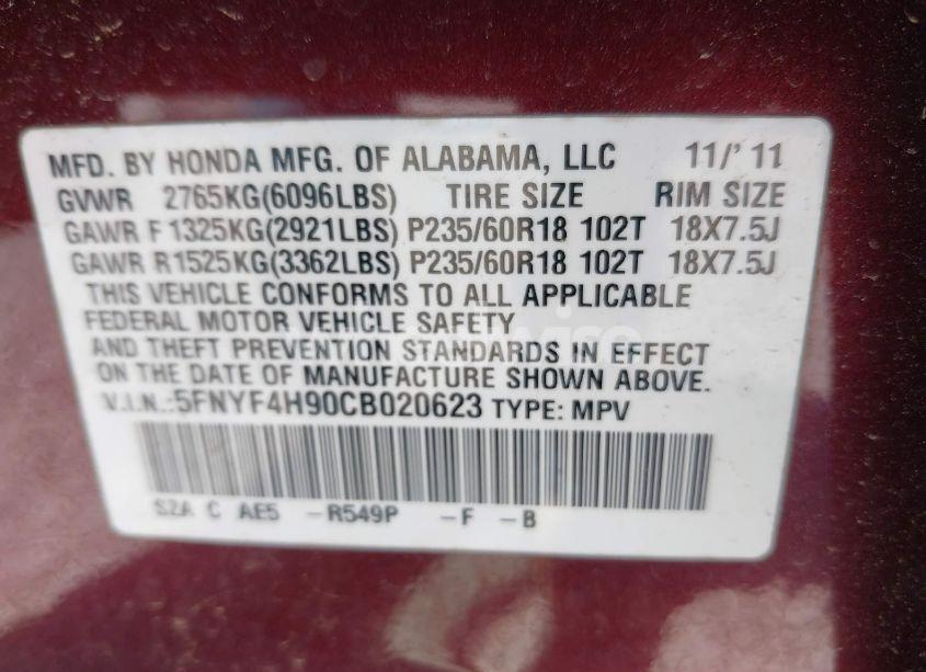 Photo 9 of 2012 Honda Pilot TOURING (VIN 5FNYF4H90CB020623)