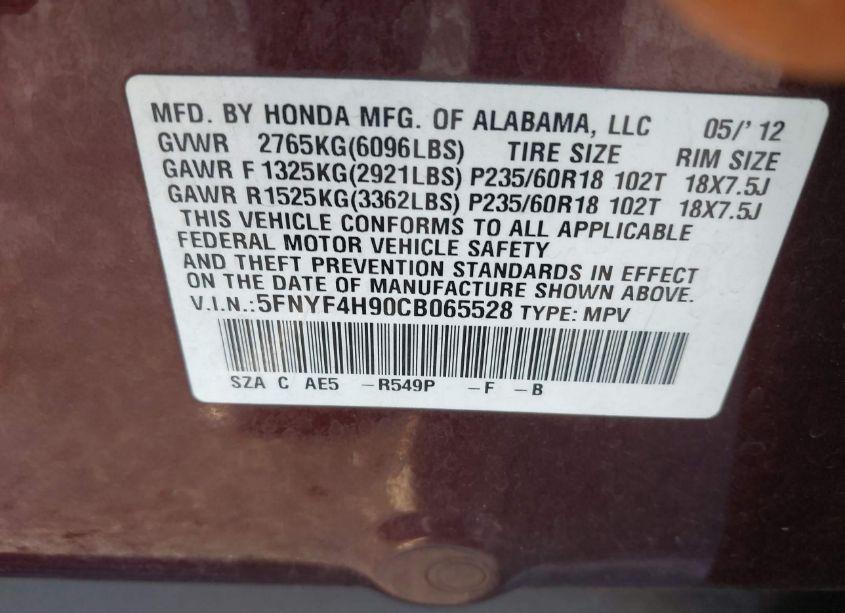 Photo 9 of 2012 Honda Pilot TOURING (VIN 5FNYF4H90CB065528)