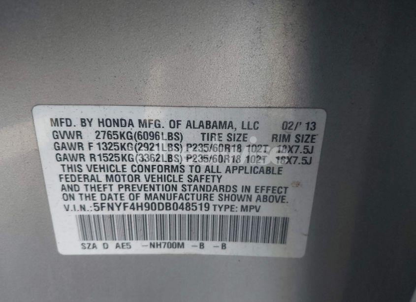 Photo 9 of 2013 Honda Pilot TOURING (VIN 5FNYF4H90DB048519)