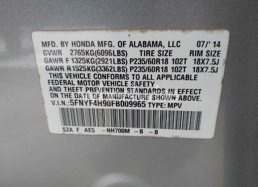 Photo 9 of 2015 Honda Pilot TOURING (VIN 5FNYF4H90FB009965)