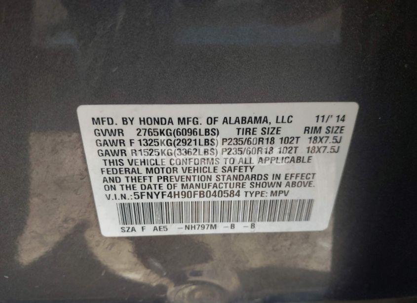 Photo 9 of 2015 Honda Pilot TOURING (VIN 5FNYF4H90FB040584)