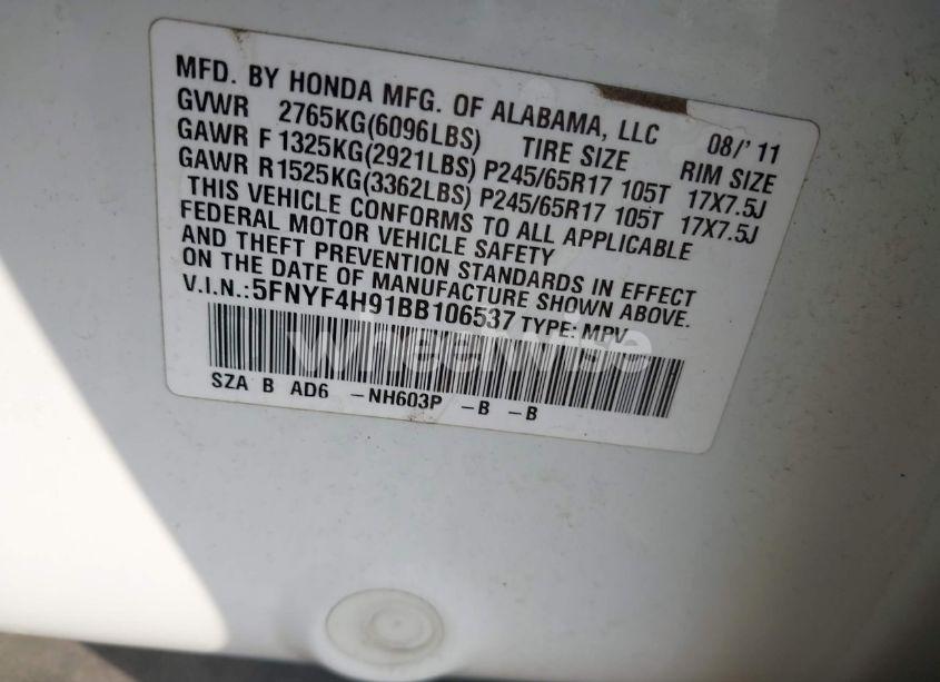 Photo 9 of 2011 Honda Pilot TOURING (VIN 5FNYF4H91BB106537)